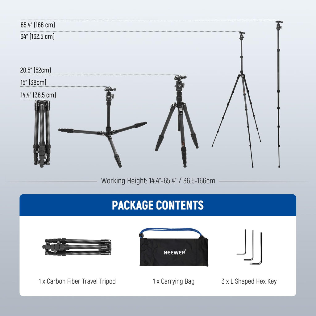 Carbon Fiber Camera Tripod Monopod 65" Lightweight Compact Travel DSLR Video Stand 360° Ball Head 13.2 lbs V452025