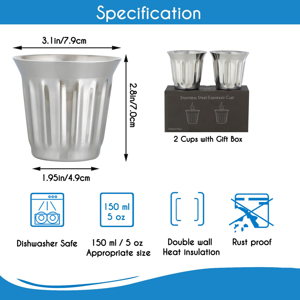 French Press 34 oz Stainless Steel Espresso Cups 5 oz Set of 2 Y7686