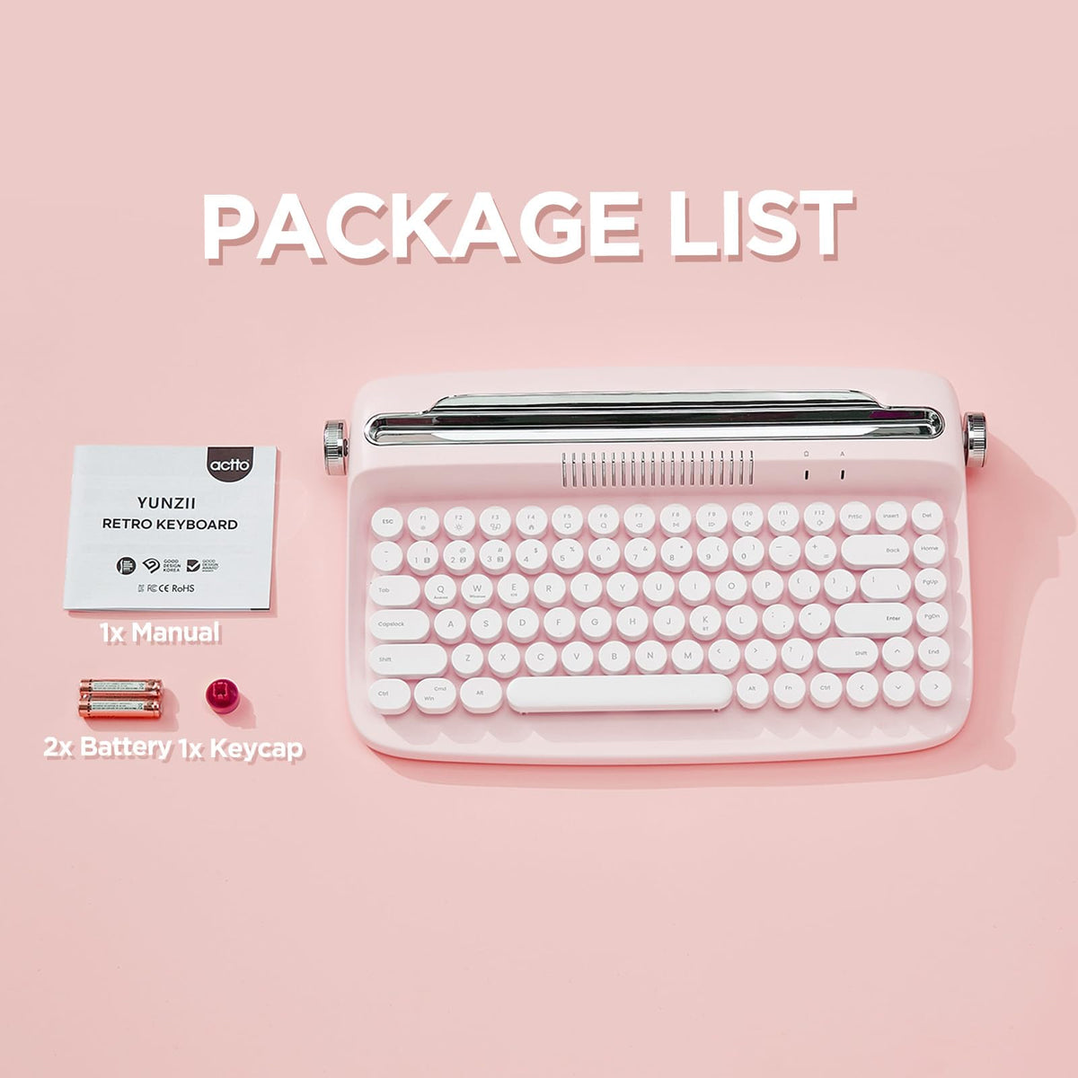 Wireless Retro Typewriter Bluetooth Keyboard Baby Pink O37915