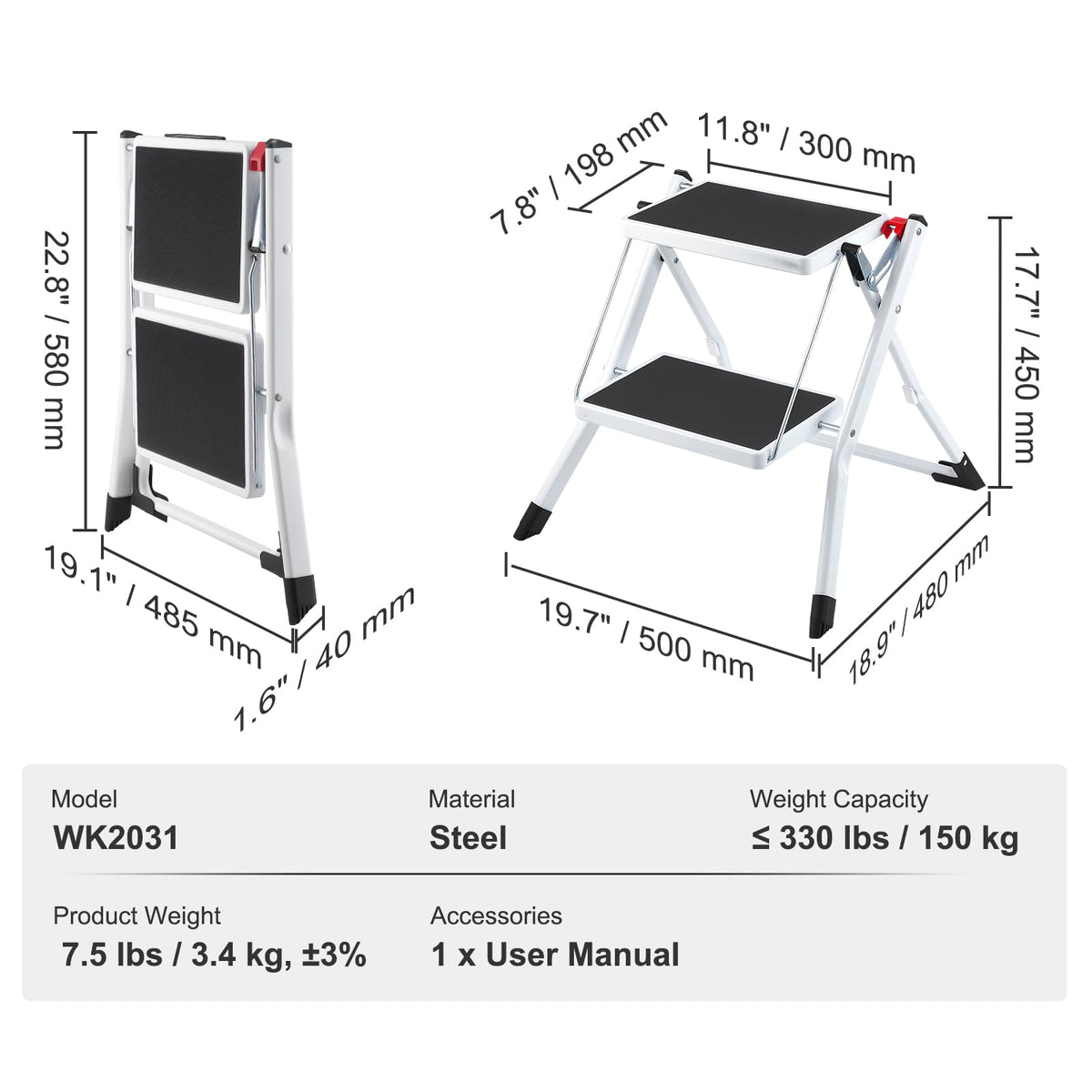 2-Step 330lbs Capacity Folding Steel Step Stool R991
