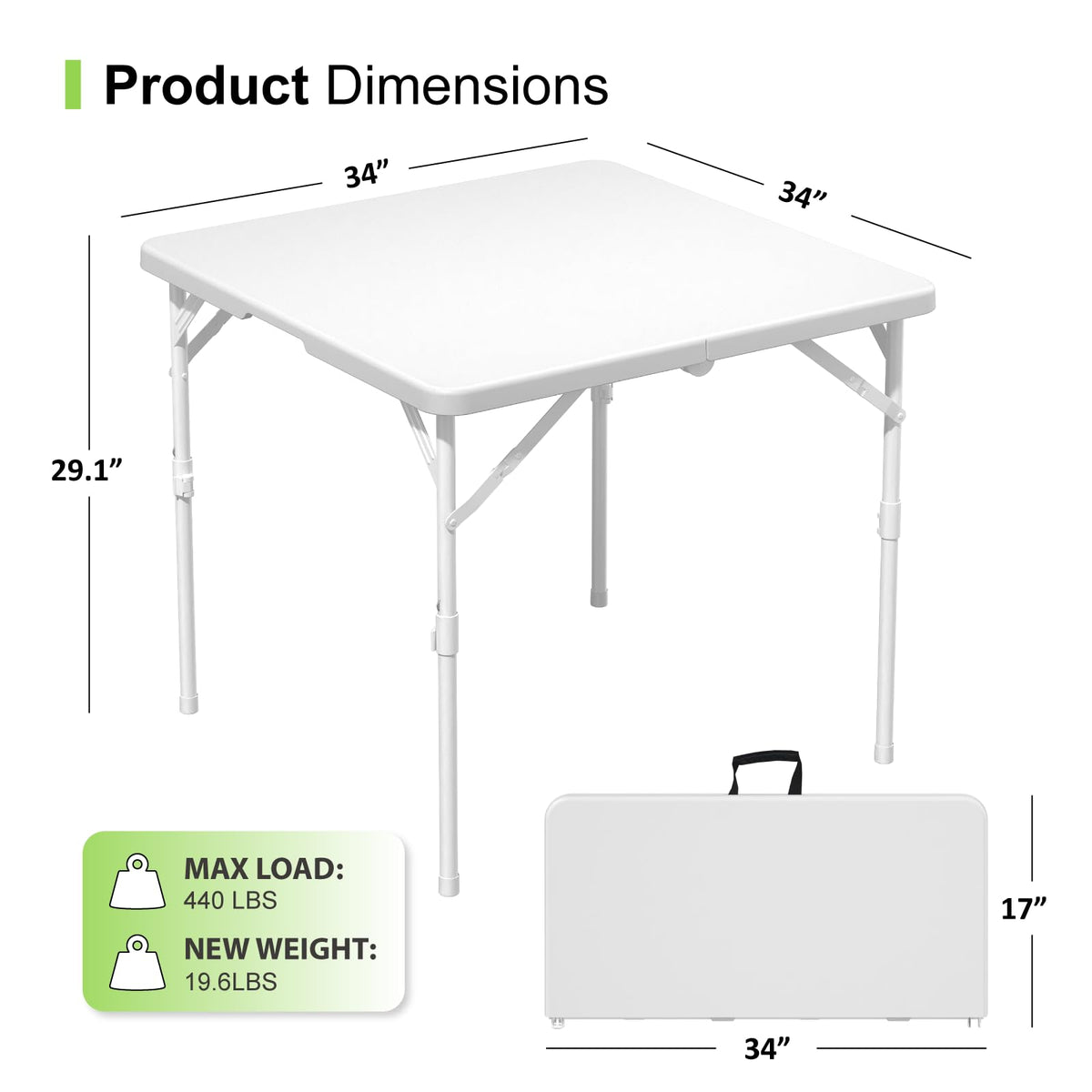 34" White Square Folding Plastic Table with Carrying Handle K363