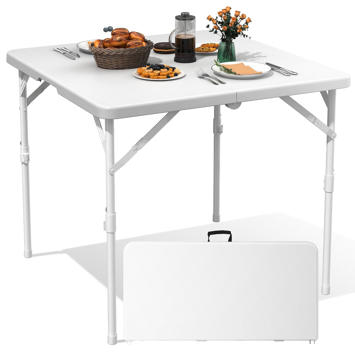 34" White Square Folding Plastic Table with Carrying Handle K363