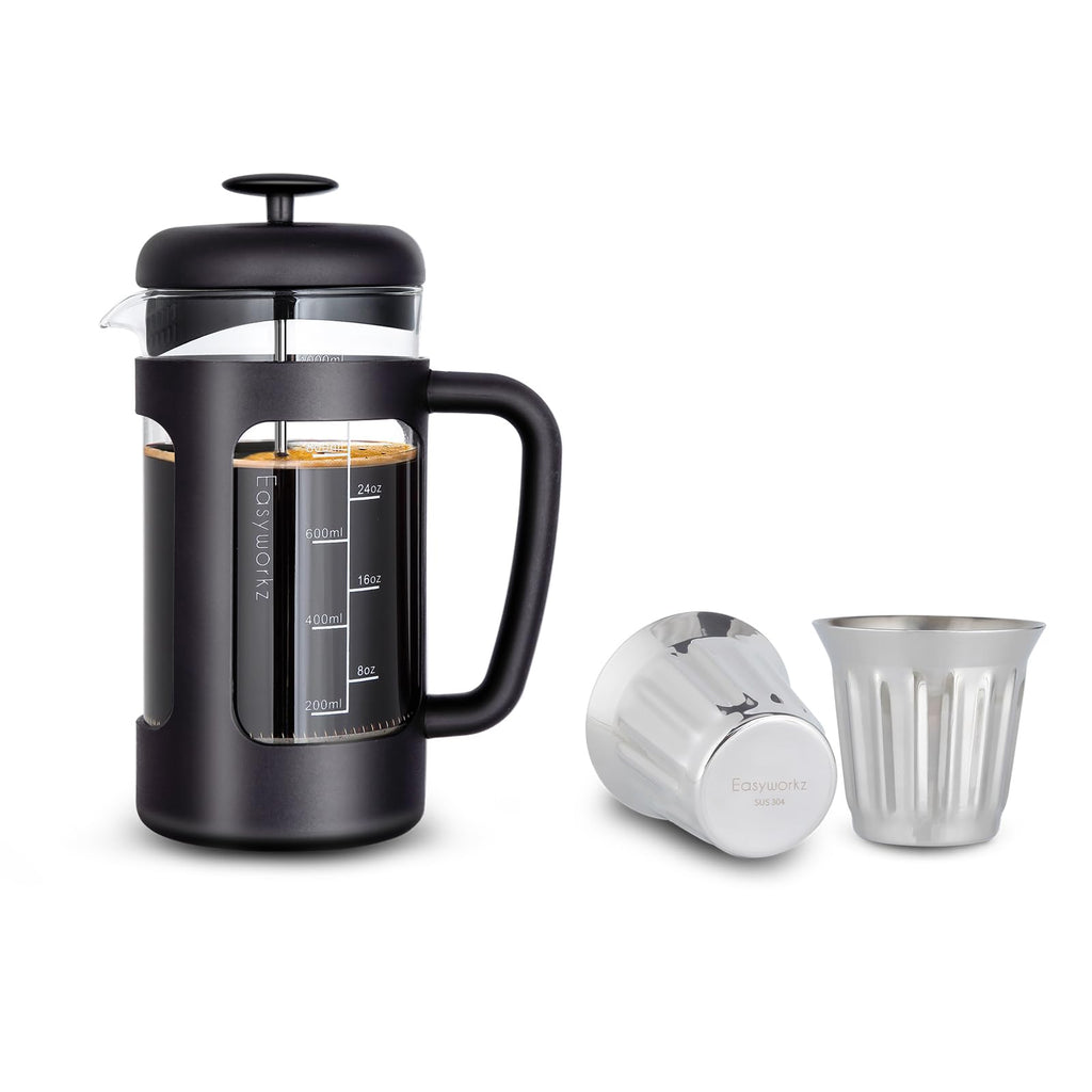 French Press 34 oz Stainless Steel Espresso Cups 5 oz Set of 2 Y7686