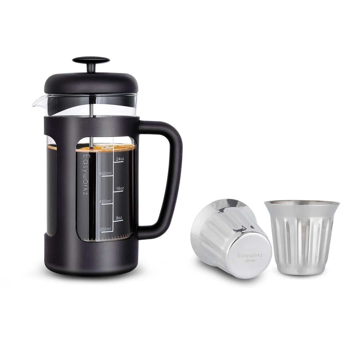 French Press 34 oz Stainless Steel Espresso Cups 5 oz Set of 2 Y7686