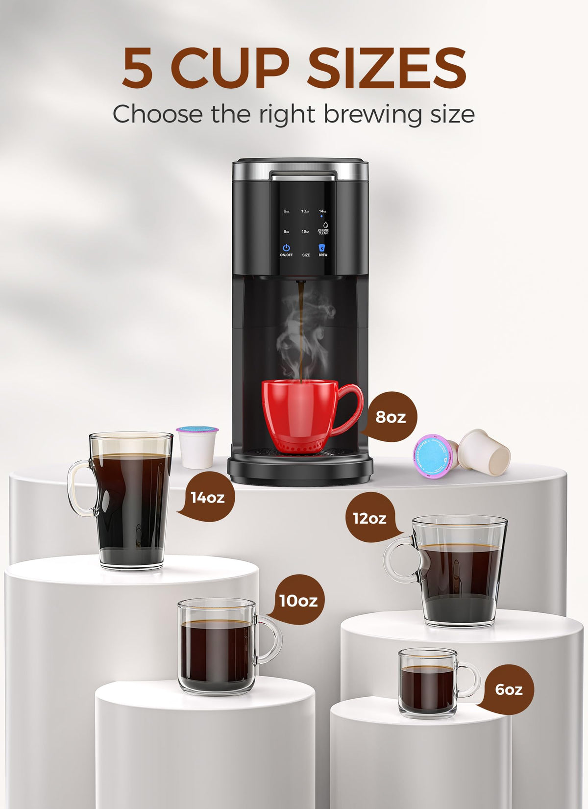 Single Serve Coffee Maker with 40 Oz Water Tank, 5 Brew Sizes, Black K526