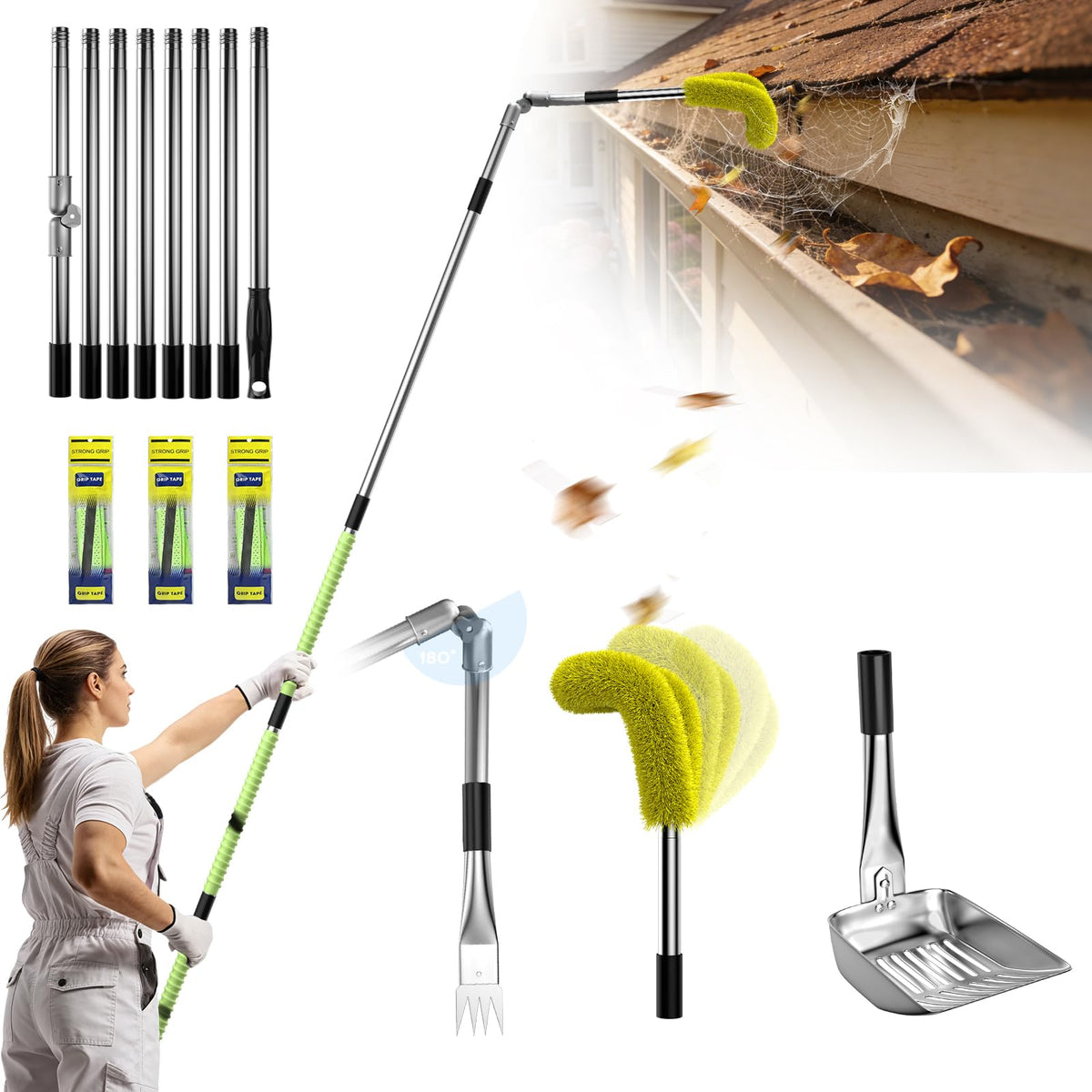 13ft Gutter Cleaning Tools with Replaceable Brush Rake Scoop, 180° Adjustable Angle, Yellow V678