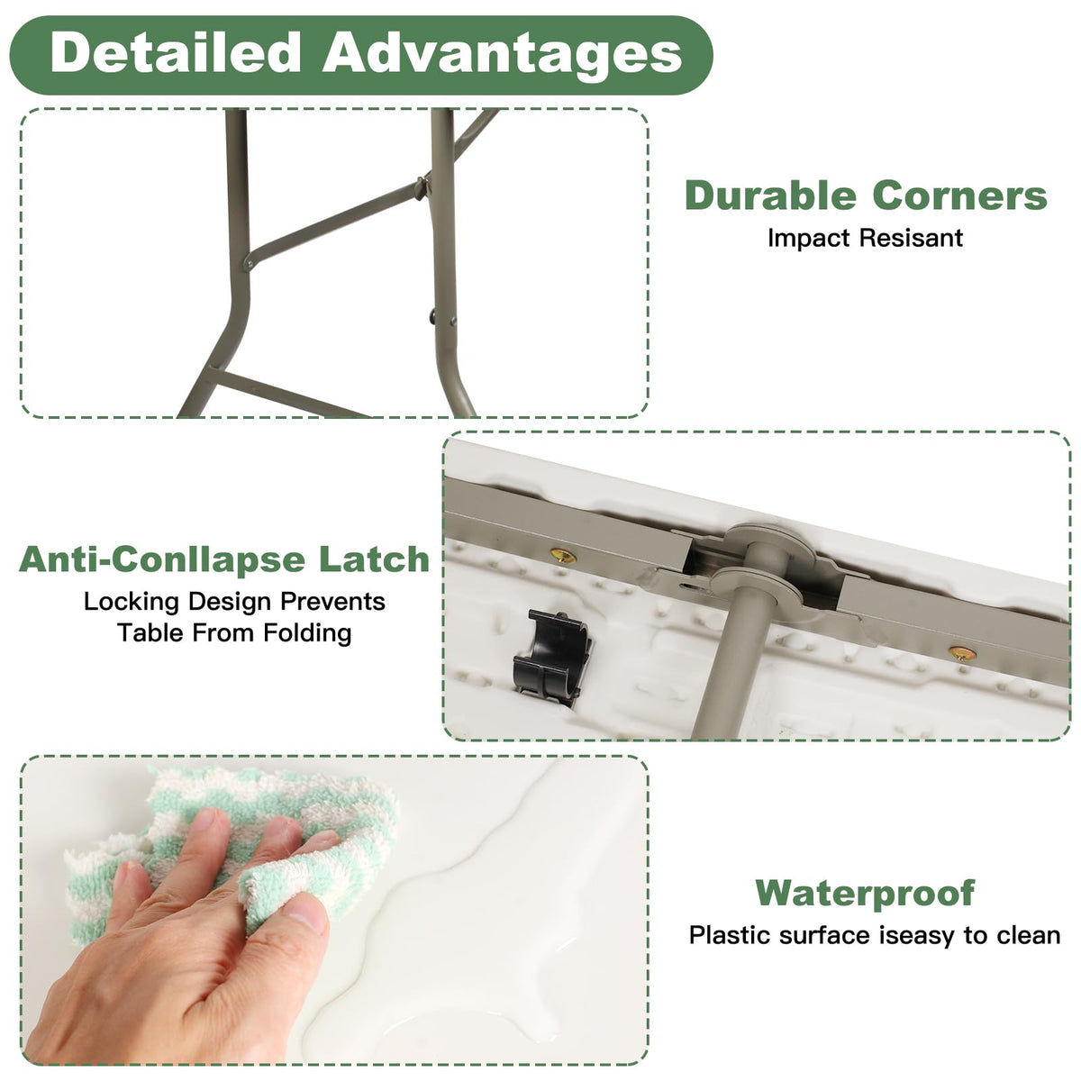 6FT Folding Plastic Utility Table with Carrying Handle, White U3499