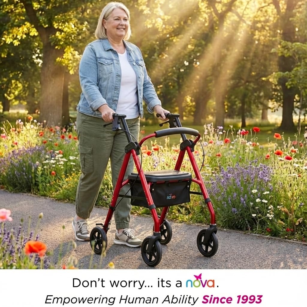 Foldable Rollator Walker with 8” All-Terrain Wheels, Padded Seat, Red K300202