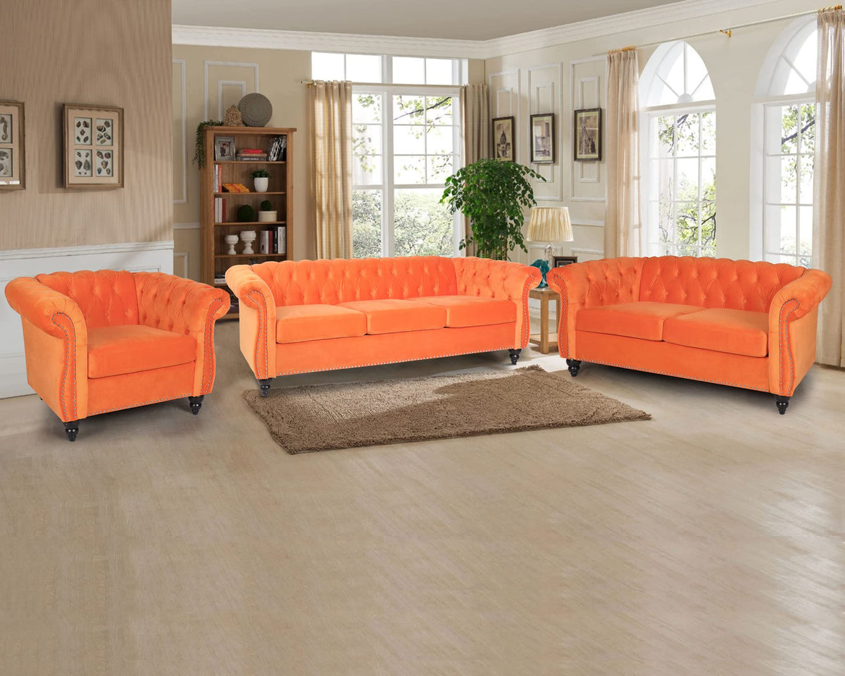 Orange Velvet 3 Pieces Sofa Set P409