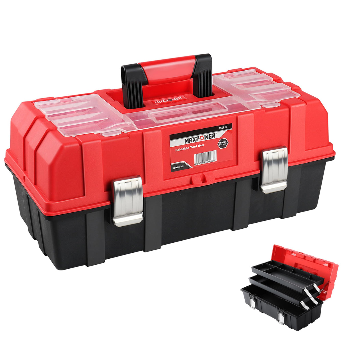 16-Inch Three-Layer Folding Plastic Tool Box with Tray and Dividers W46258