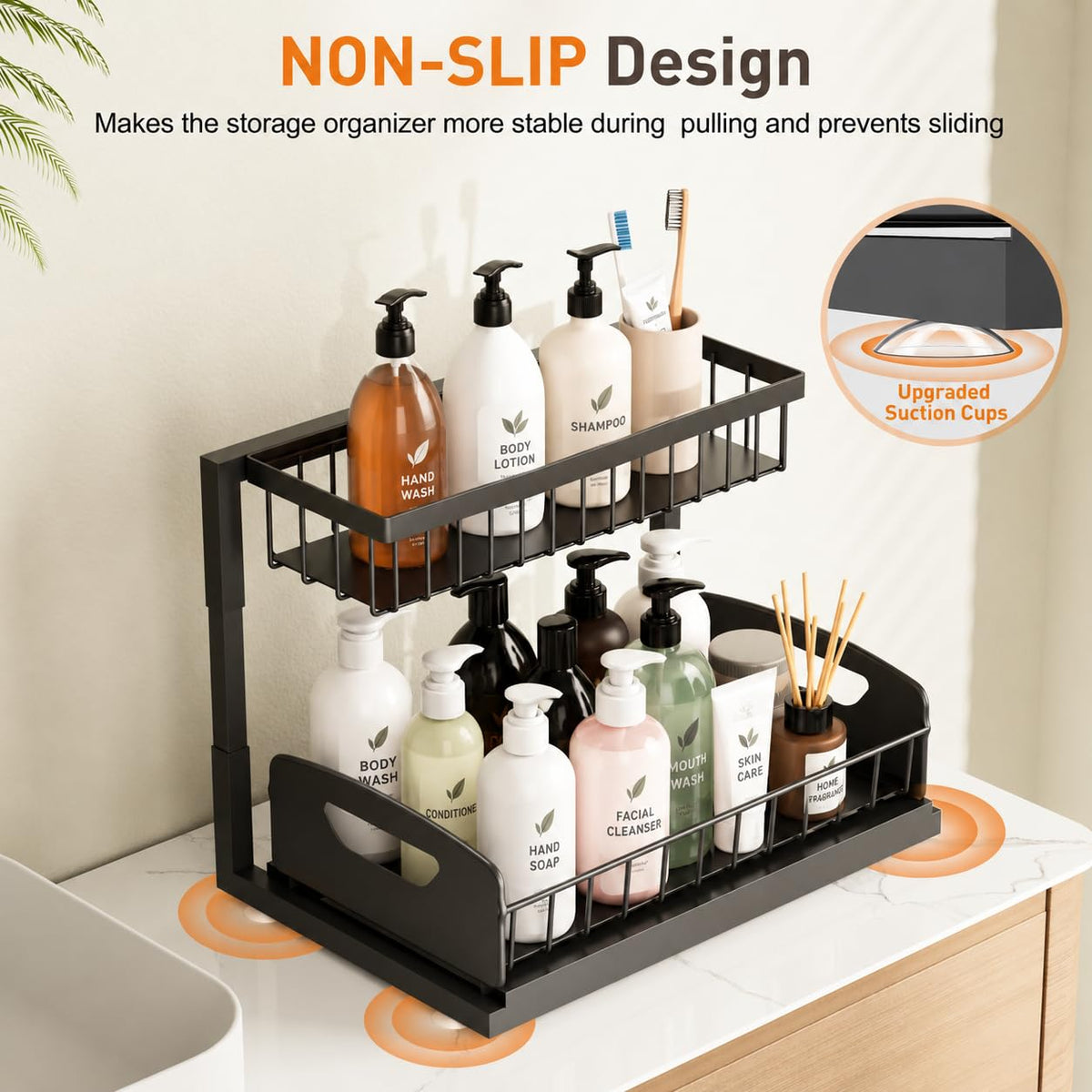 Under Kitchen Sink Organizer, 2-Tier Metal Pull Out Cabinet Organizer Shelf, Black, 2 pack J100408