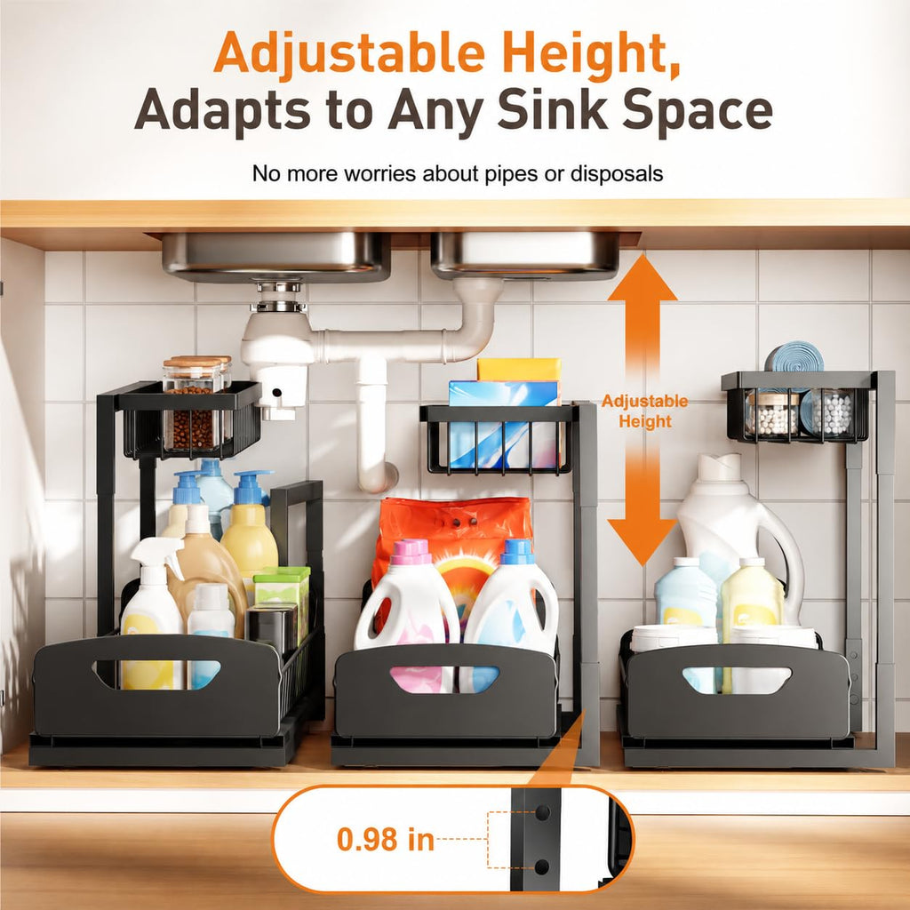 Under Kitchen Sink Organizer, 2-Tier Metal Pull Out Cabinet Organizer Shelf, Black, 2 pack J100408