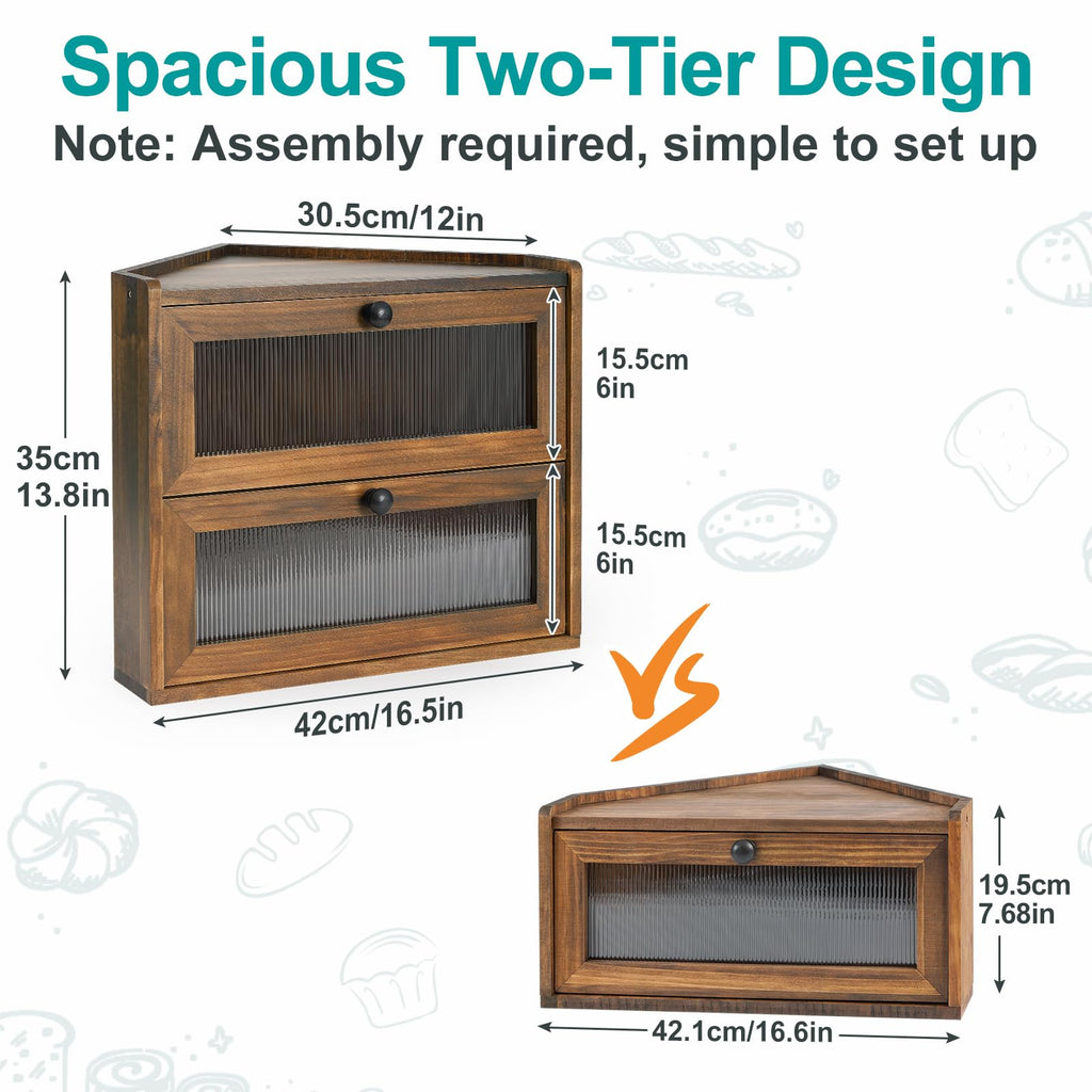 Large 2 Tier Wooden Bread Box with Acrylic Window R392