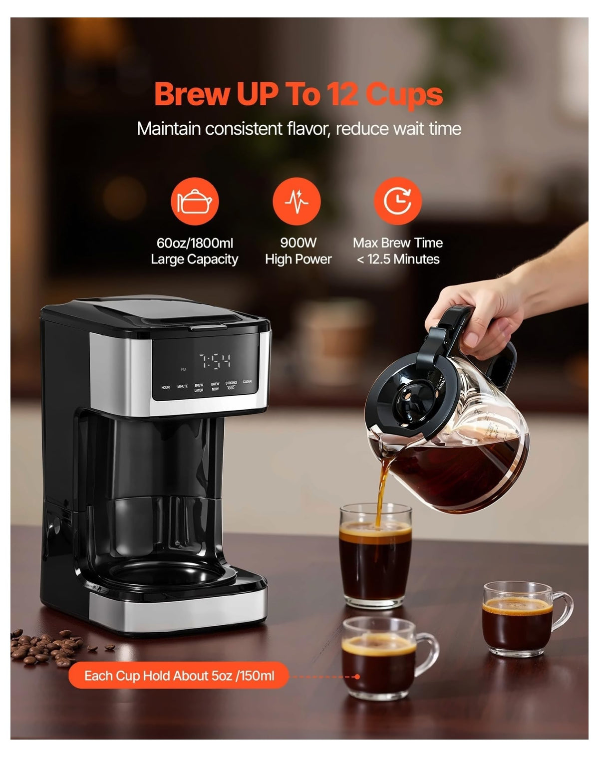 12 Cup Programmable Drip Coffee Maker with Touch Screen S7381