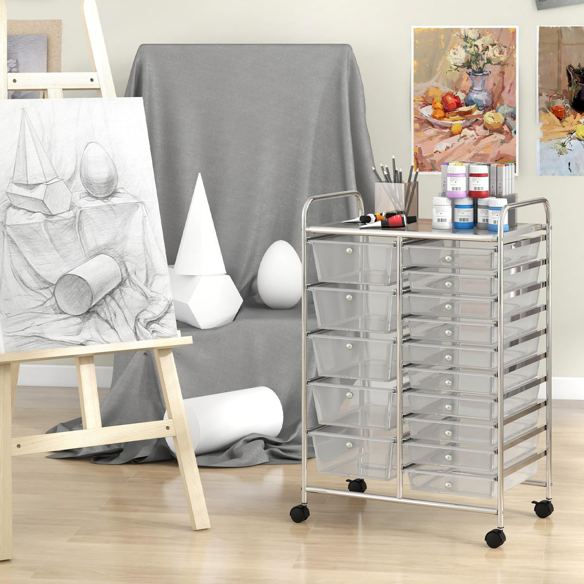 15 Drawer Rolling Storage Cart with Metal Frame E560435