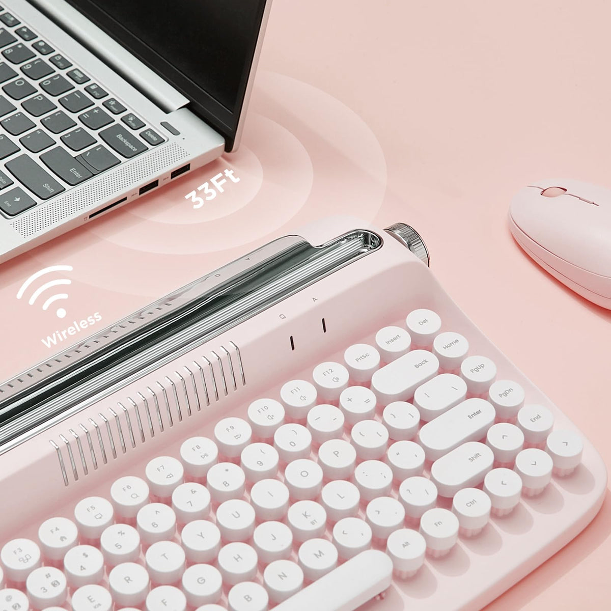 Wireless Retro Typewriter Bluetooth Keyboard Baby Pink O37915