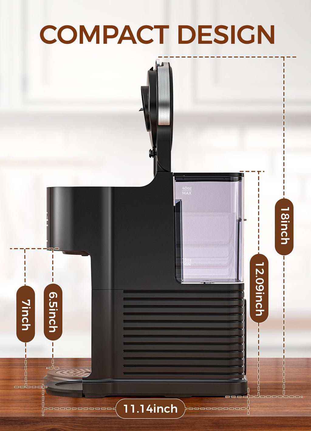 Single Serve Coffee Maker with 40 Oz Water Tank, 5 Brew Sizes, Black K526
