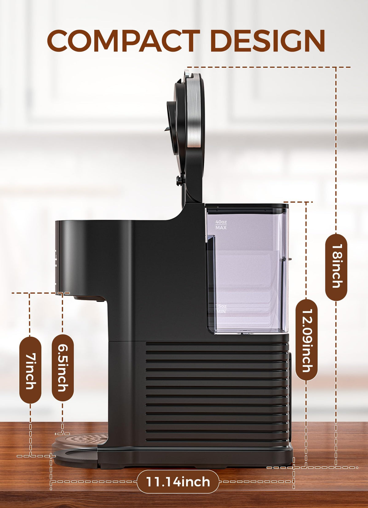 Single Serve Coffee Maker with 40 Oz Water Tank, 5 Brew Sizes, Black K526