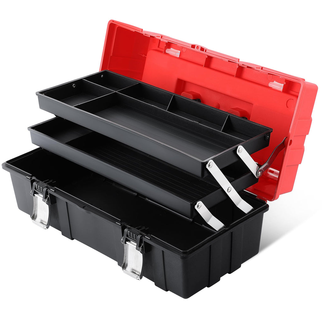 16-Inch Three-Layer Folding Plastic Tool Box with Tray and Dividers W46258