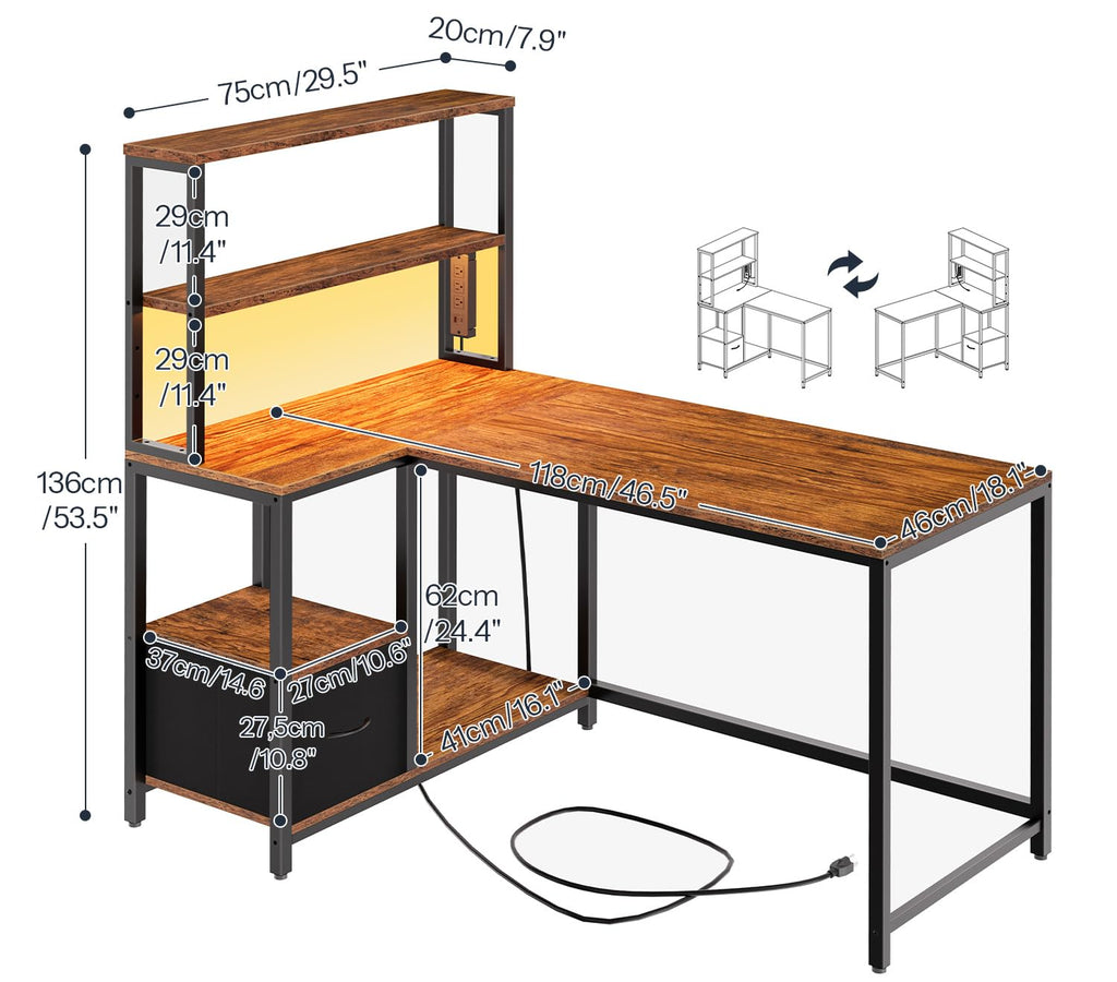46 Inch Reversible Computer Desk with LED Light & Power Outlet X36469