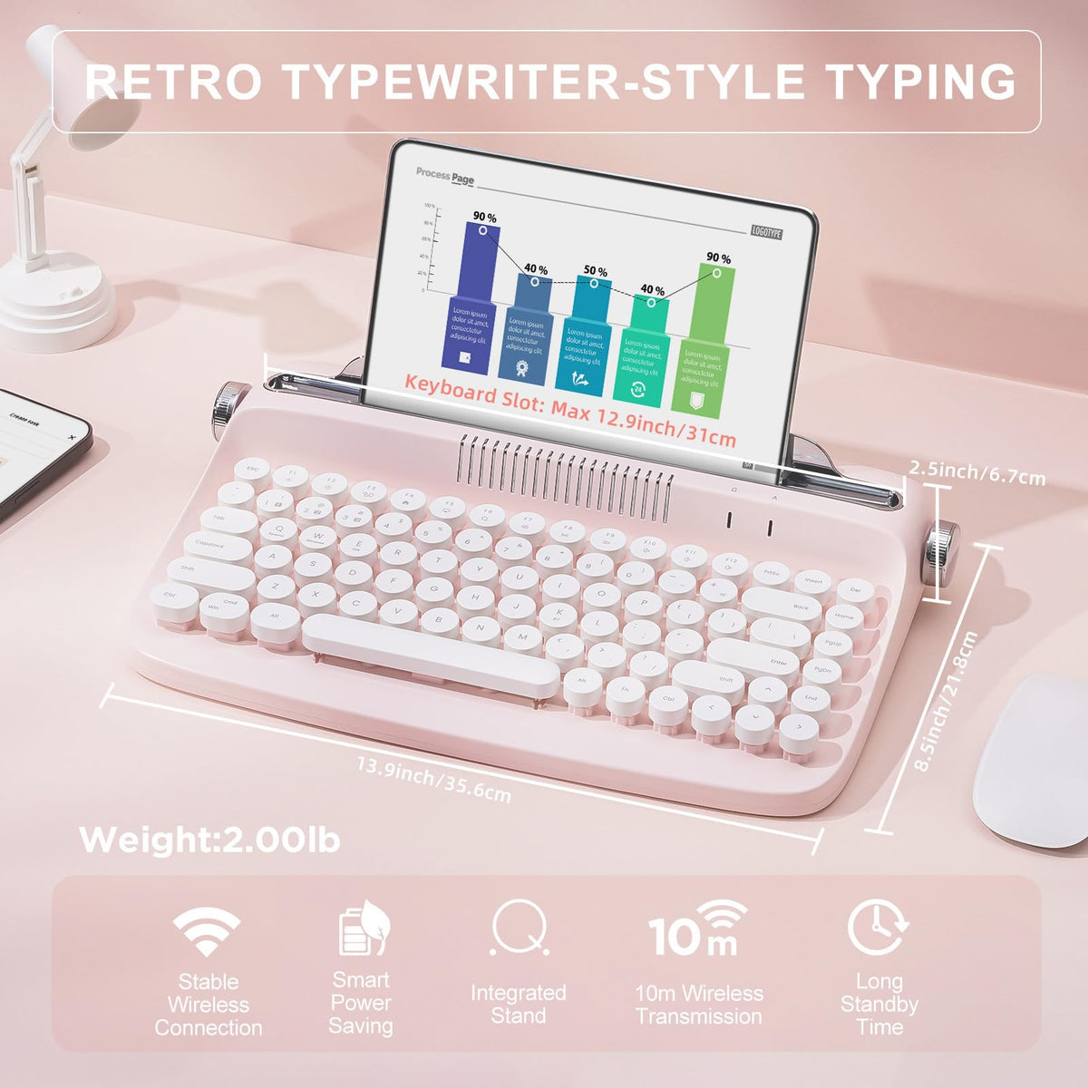 Wireless Retro Typewriter Bluetooth Keyboard Baby Pink O37915