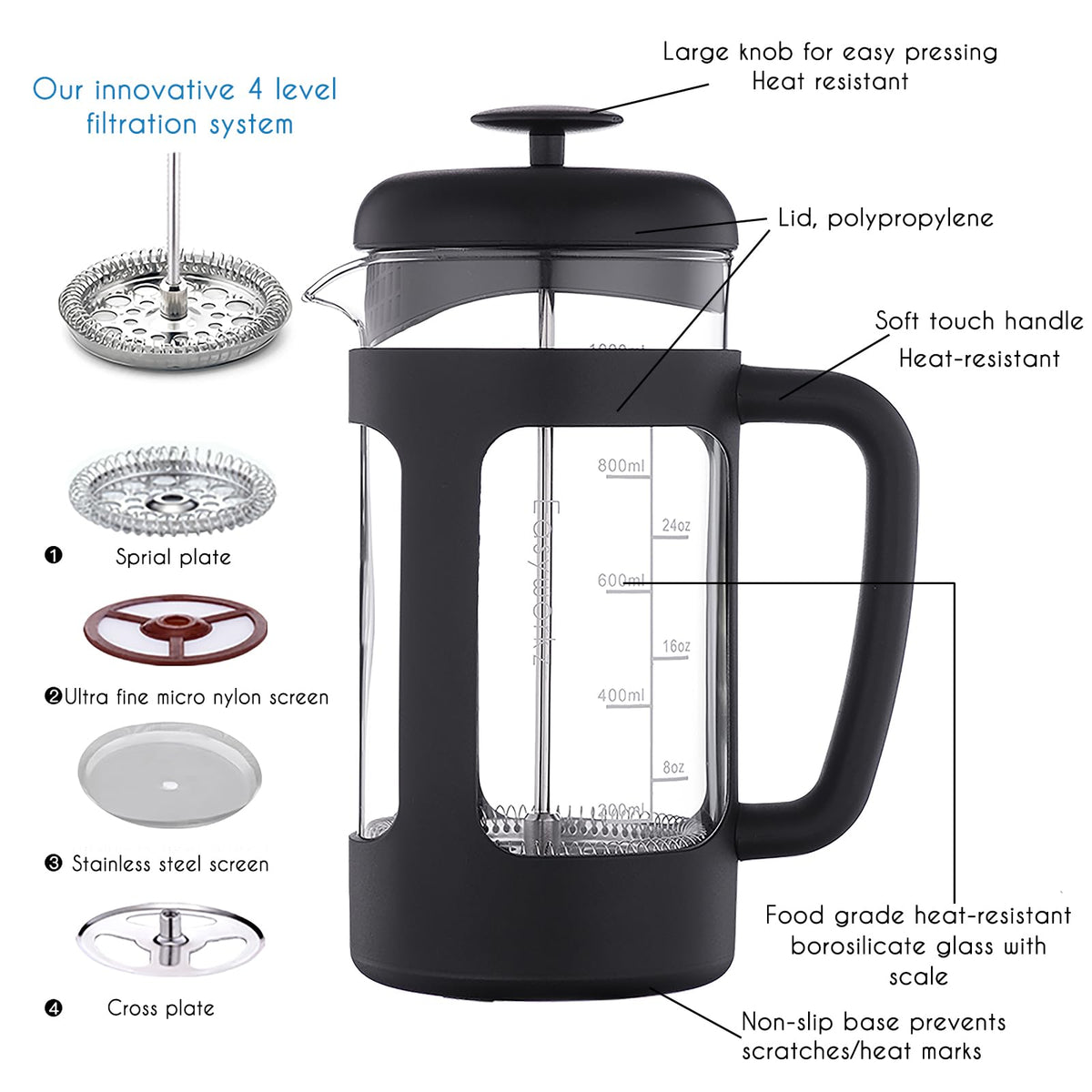 French Press 34 oz Stainless Steel Espresso Cups 5 oz Set of 2 Y7686