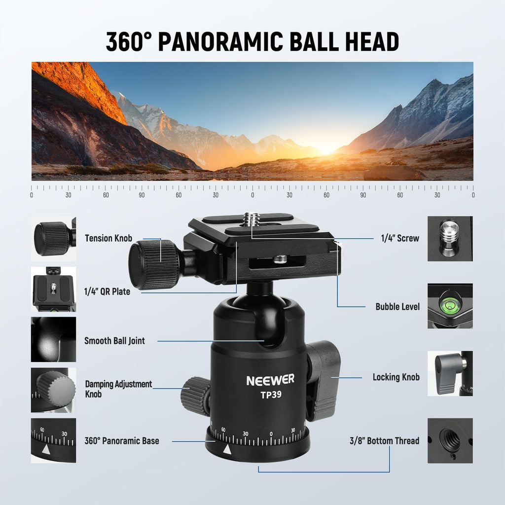 Carbon Fiber Camera Tripod Monopod 65" Lightweight Compact Travel DSLR Video Stand 360° Ball Head 13.2 lbs V452025