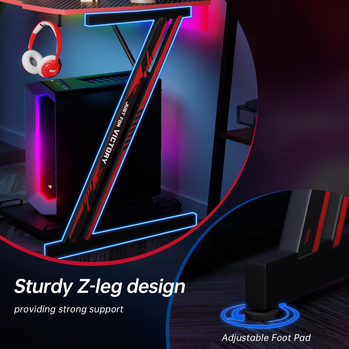 47.2 Inch Z Shaped Carbon Fiber Gaming Desk with Headphone Hook J146875