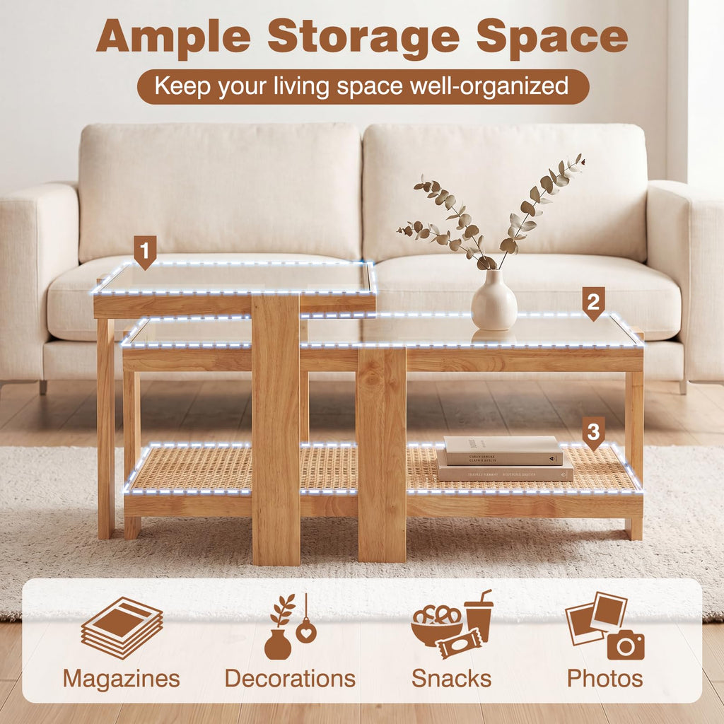 Nesting Coffee Table Set of 2 Rattan Tempered Glass R922