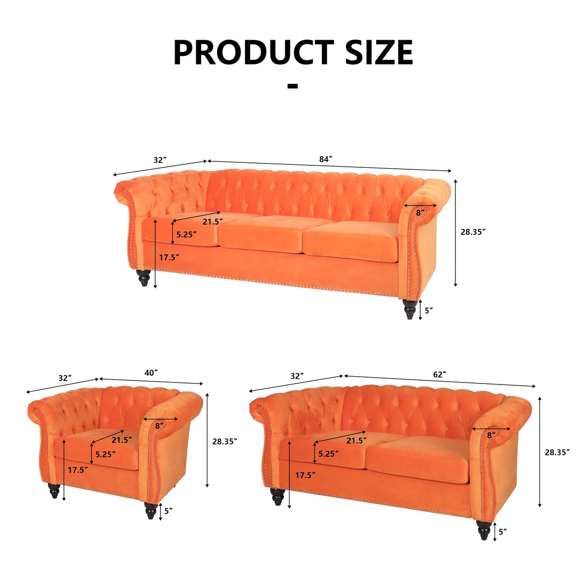 Orange Velvet 3 Pieces Sofa Set P409