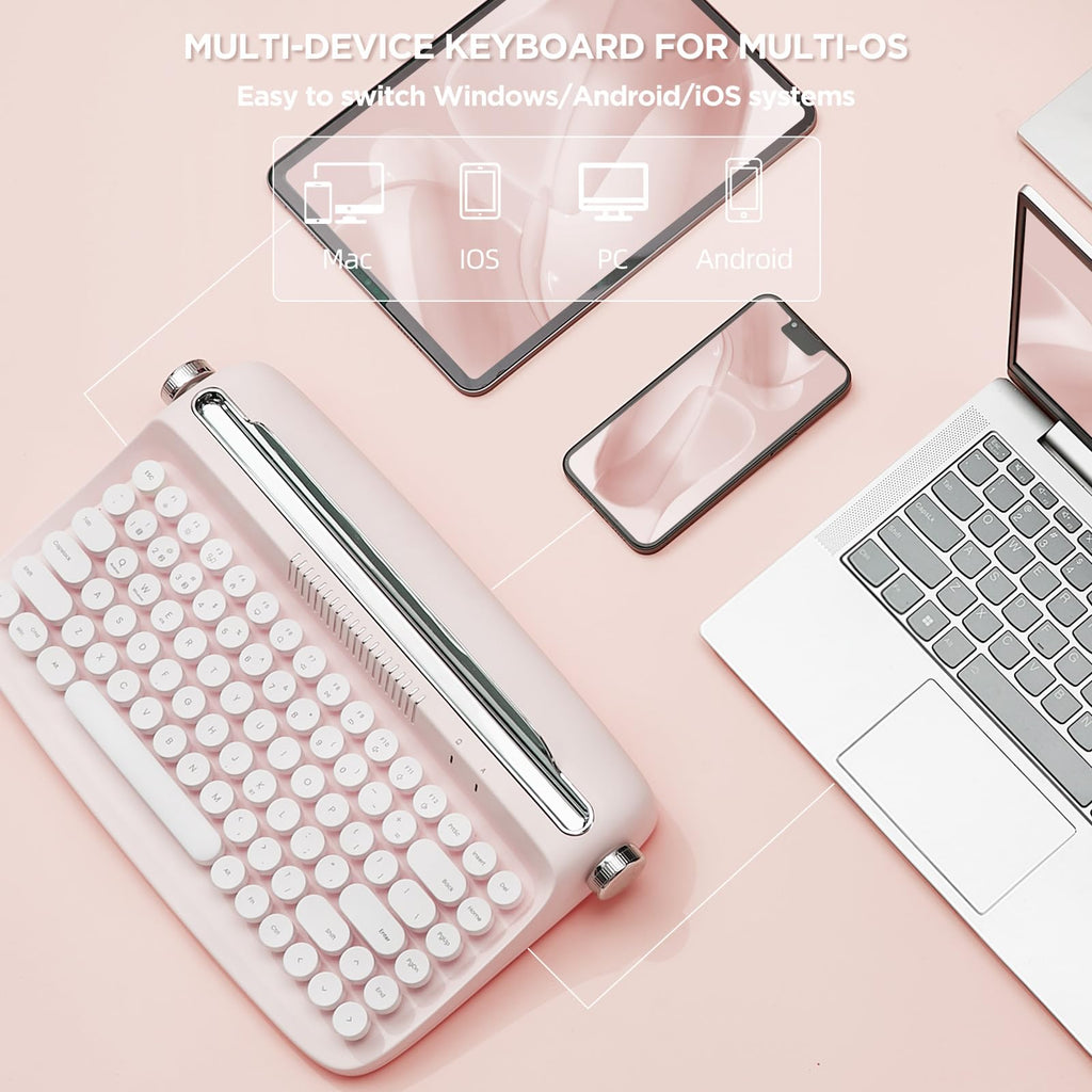 Wireless Retro Typewriter Bluetooth Keyboard Baby Pink O37915