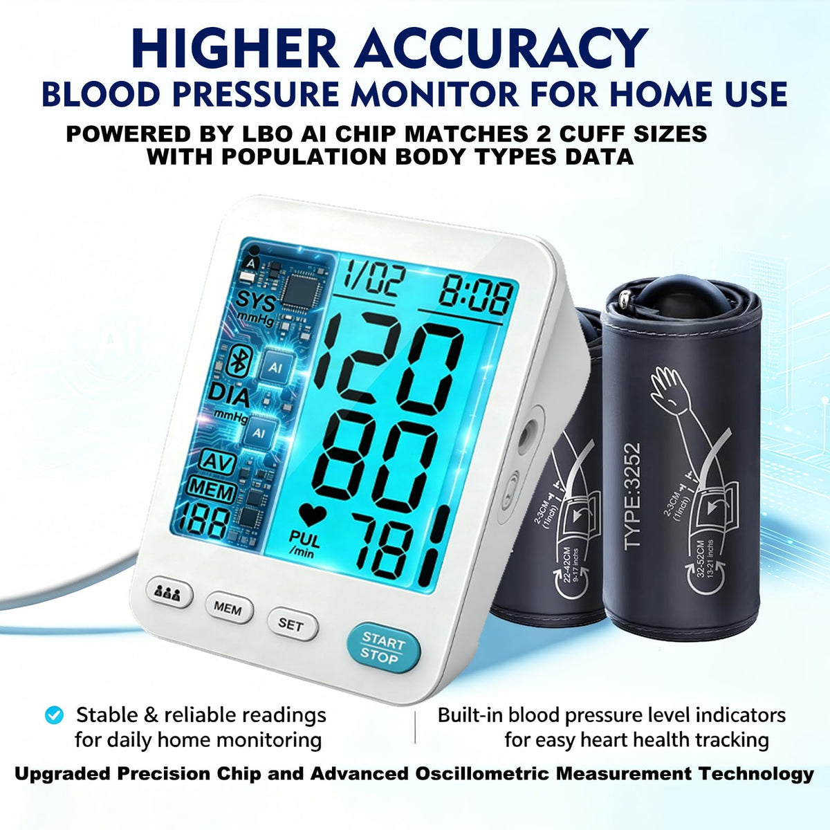 Automatic Upper Arm Blood Pressure Monitor Adjustable Cuffs Large LCD Digital Display U964