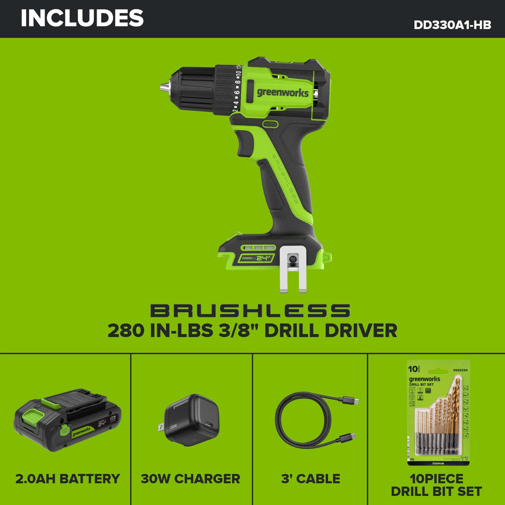 24V Cordless Brushless 3/8" Drill/Driver with 2.0Ah Battery and 10PC Titanium Drill Bit Set X980