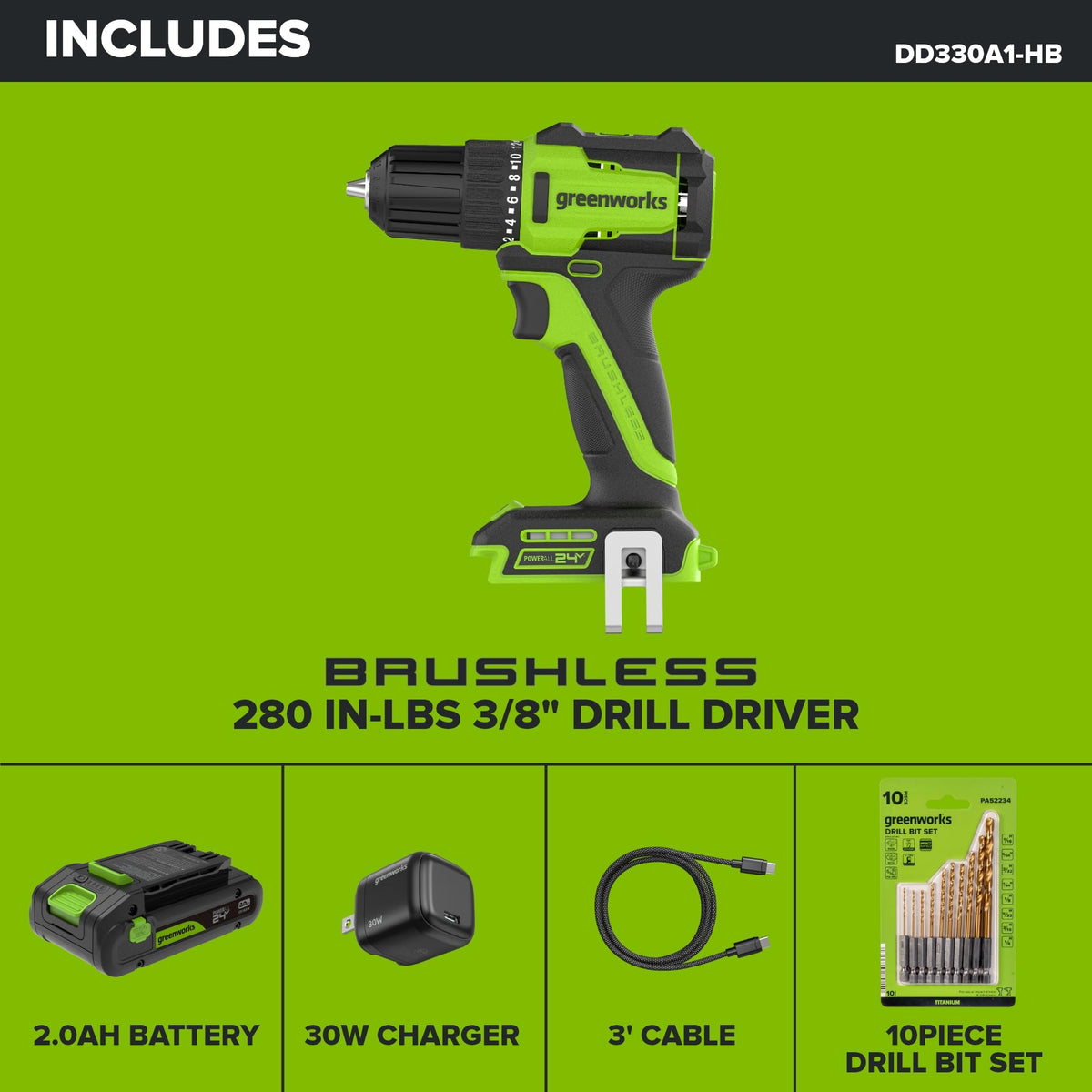 24V Cordless Brushless 3/8" Drill/Driver with 2.0Ah Battery and 10PC Titanium Drill Bit Set X980