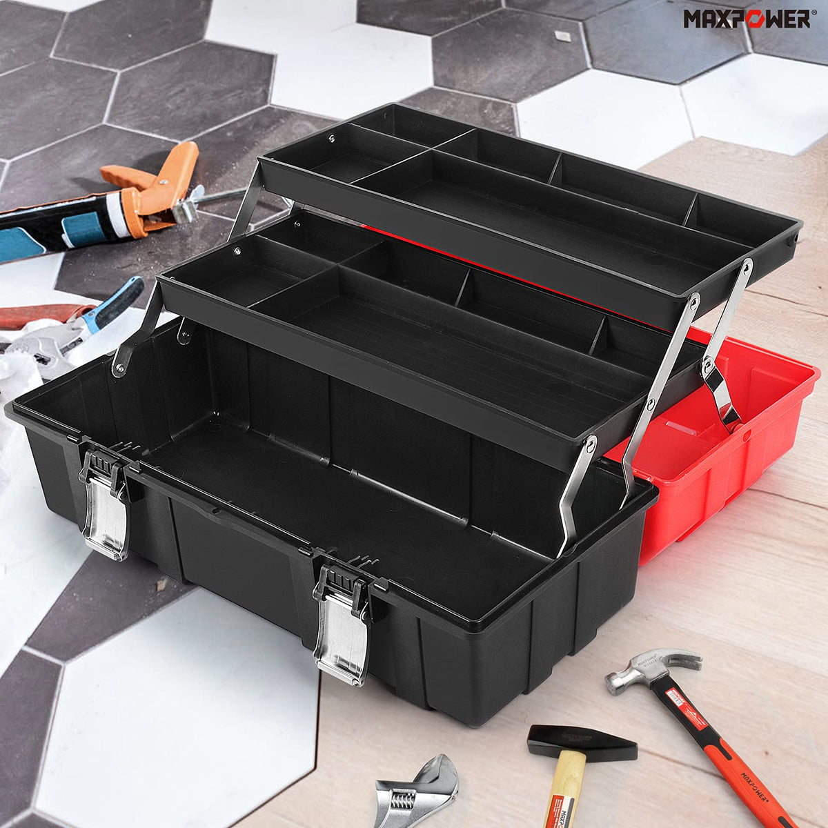 16-Inch Three-Layer Folding Plastic Tool Box with Tray and Dividers W46258