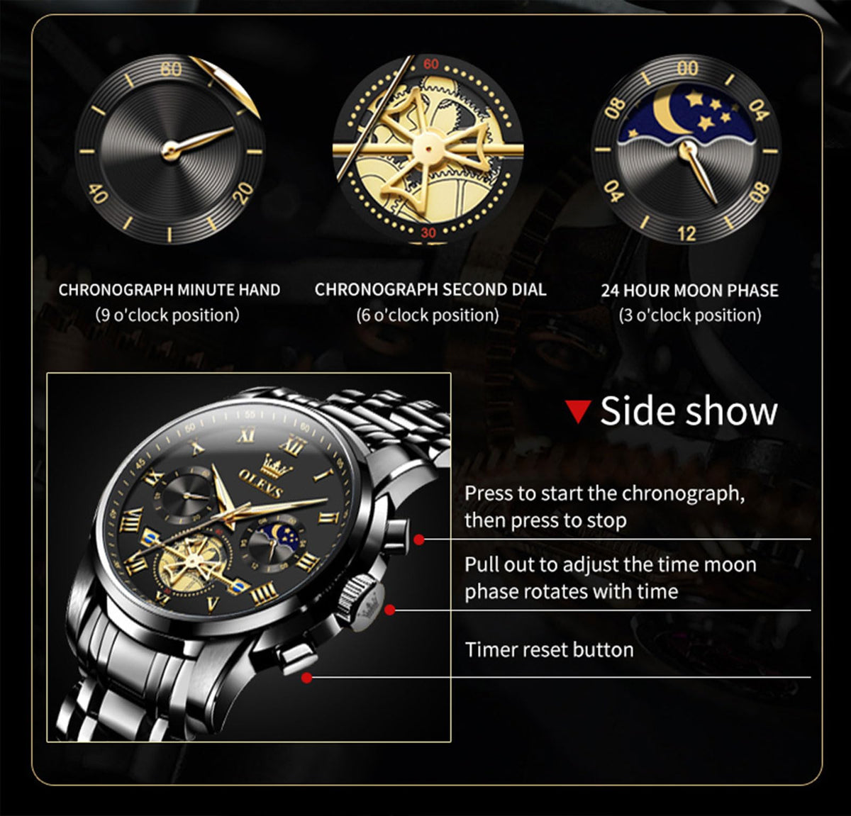 Waterproof Stainless Steel Multifunction Mens Watch L68994