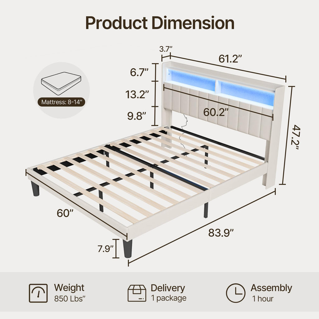 Beige Queen Size Upholstered Platform Bed Frame with Headboard M245
