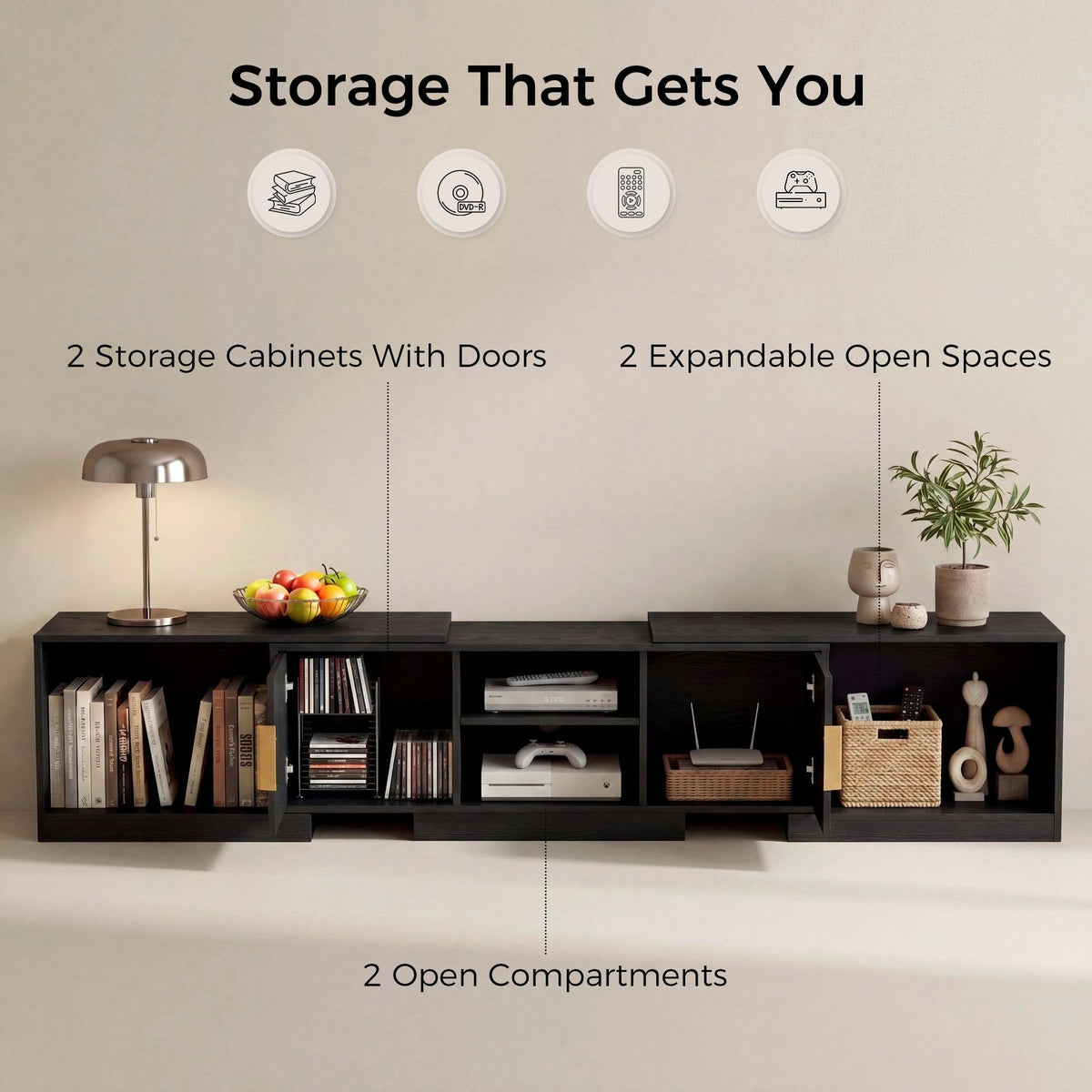 Black Adjustable TV Stand with Storage Cabinets H5340