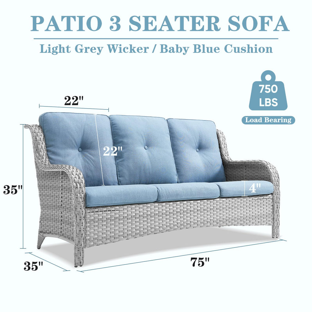 Light Gray Baby Blue Wicker 3-Seat Outdoor Sofa V977219