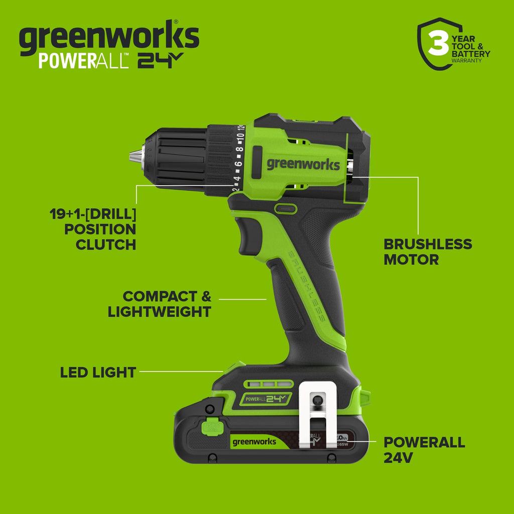 24V Cordless Brushless 3/8" Drill/Driver with 2.0Ah Battery and 10PC Titanium Drill Bit Set X980