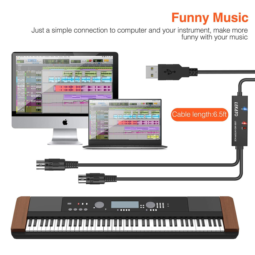 USB MIDI Cable 6.5Ft with Input & Output Q288