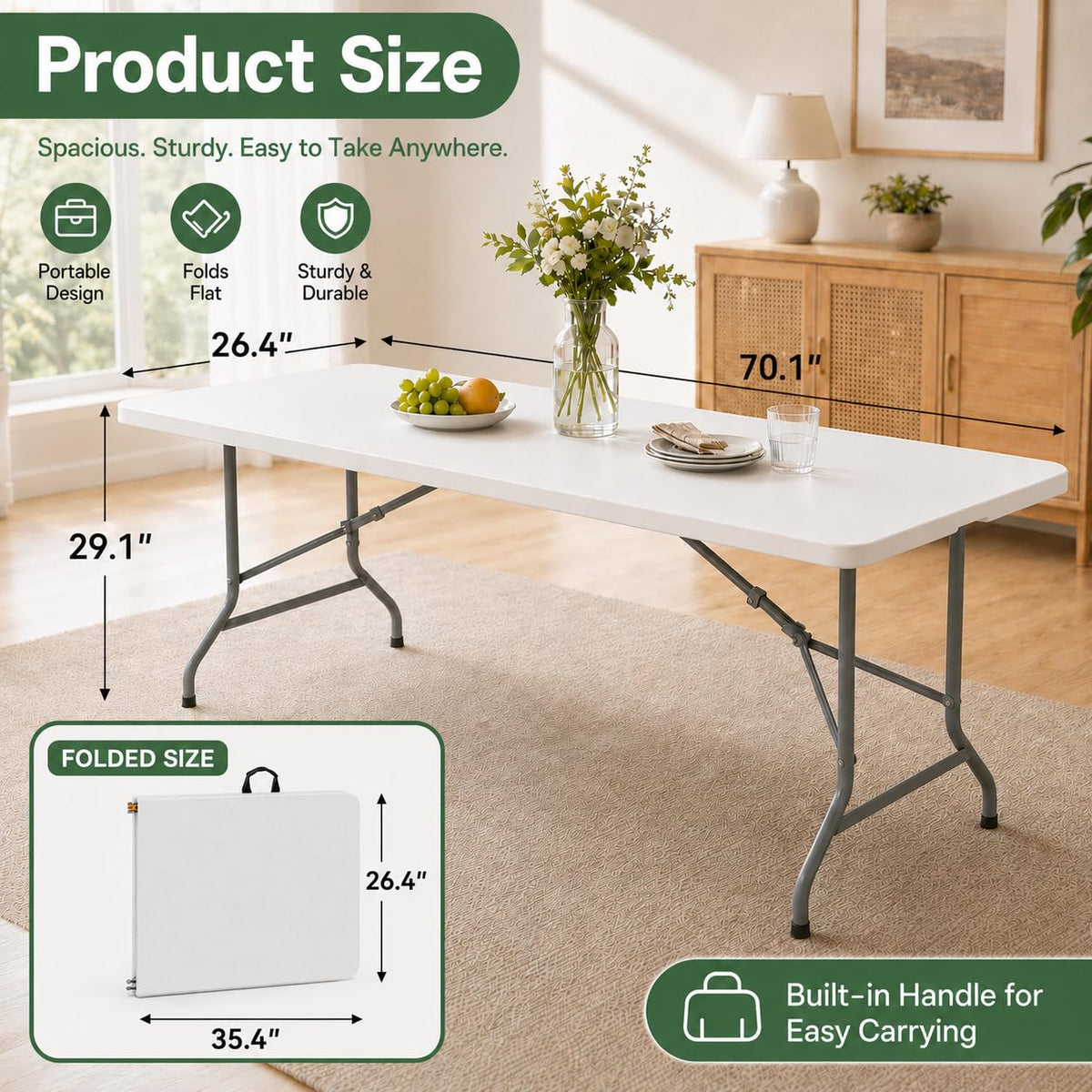 6FT Folding Plastic Utility Table with Carrying Handle, White U3499