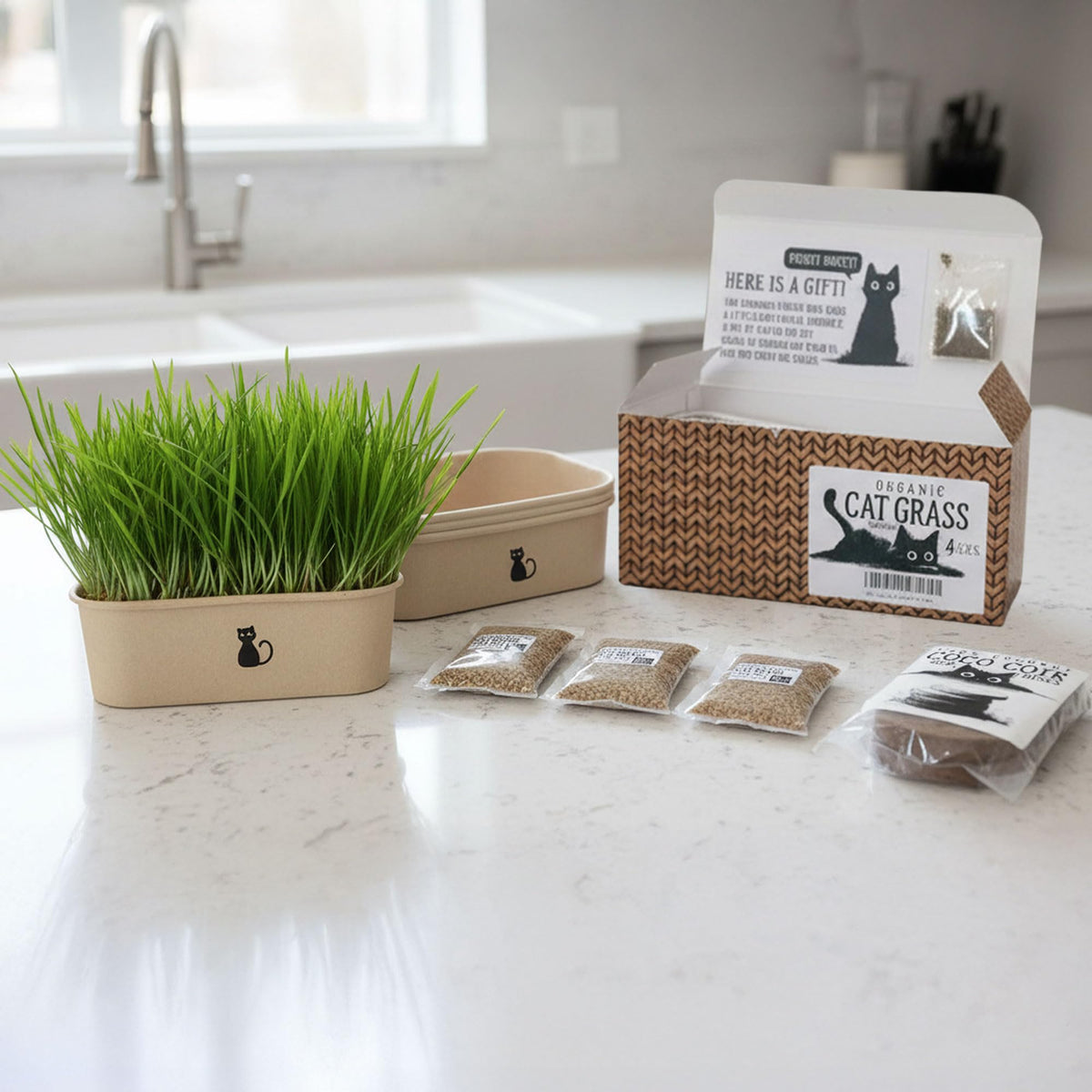 4-Batch Indoor Cat Grass Grow Kit with Containers, Soil Disks & Seeds D79820