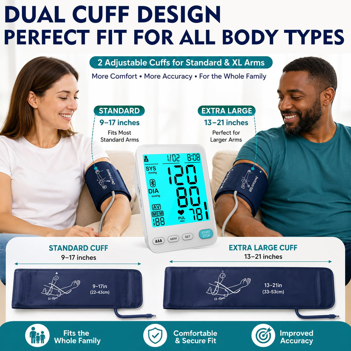 Automatic Upper Arm Blood Pressure Monitor Adjustable Cuffs Large LCD Digital Display U964