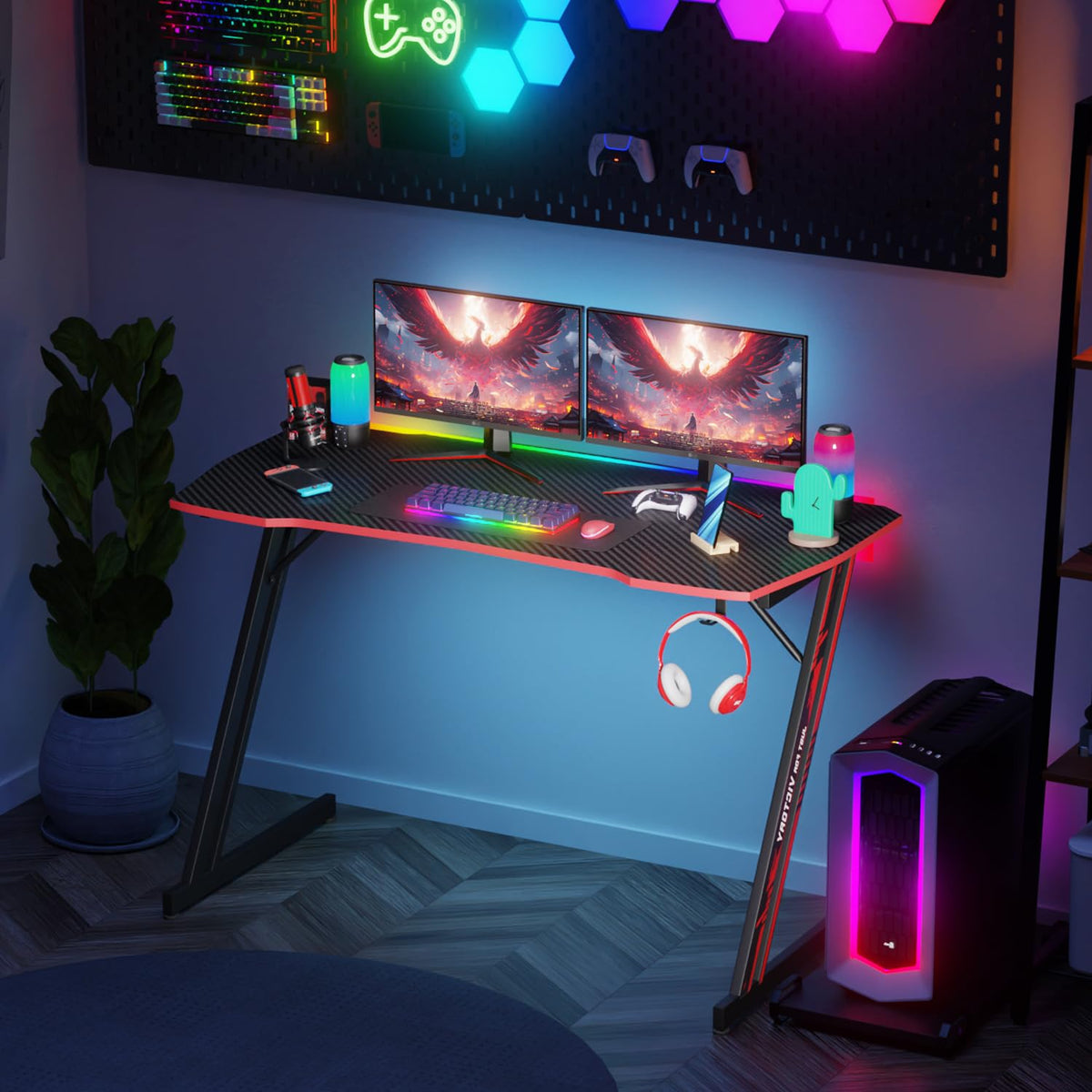 47.2 Inch Z Shaped Carbon Fiber Gaming Desk with Headphone Hook J146875