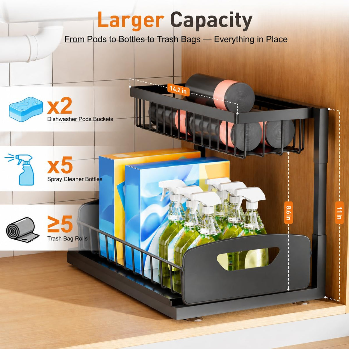 Under Kitchen Sink Organizer, 2-Tier Metal Pull Out Cabinet Organizer Shelf, Black, 2 pack J100408