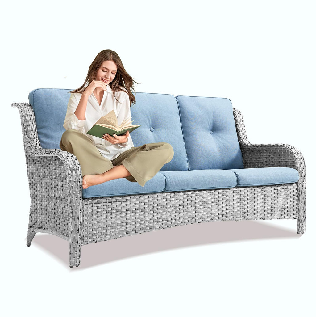 Light Gray Baby Blue Wicker 3-Seat Outdoor Sofa V977219