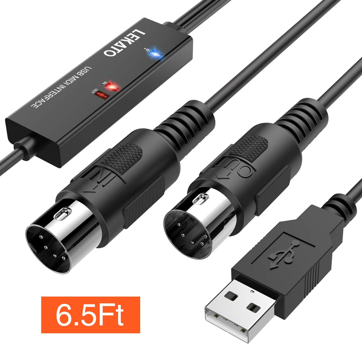 USB MIDI Cable 6.5Ft with Input & Output Q288
