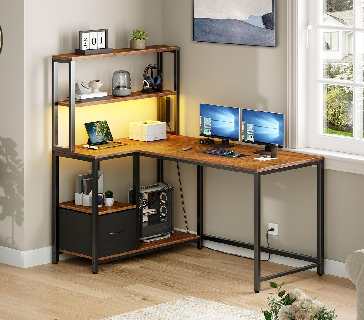 46 Inch Reversible Computer Desk with LED Light & Power Outlet X36469