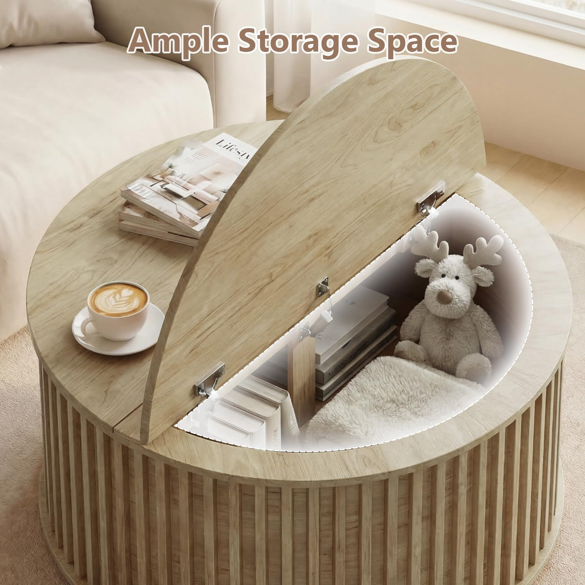 Round Coffee Table with Storage, 35.43" Fluted Center Table X814